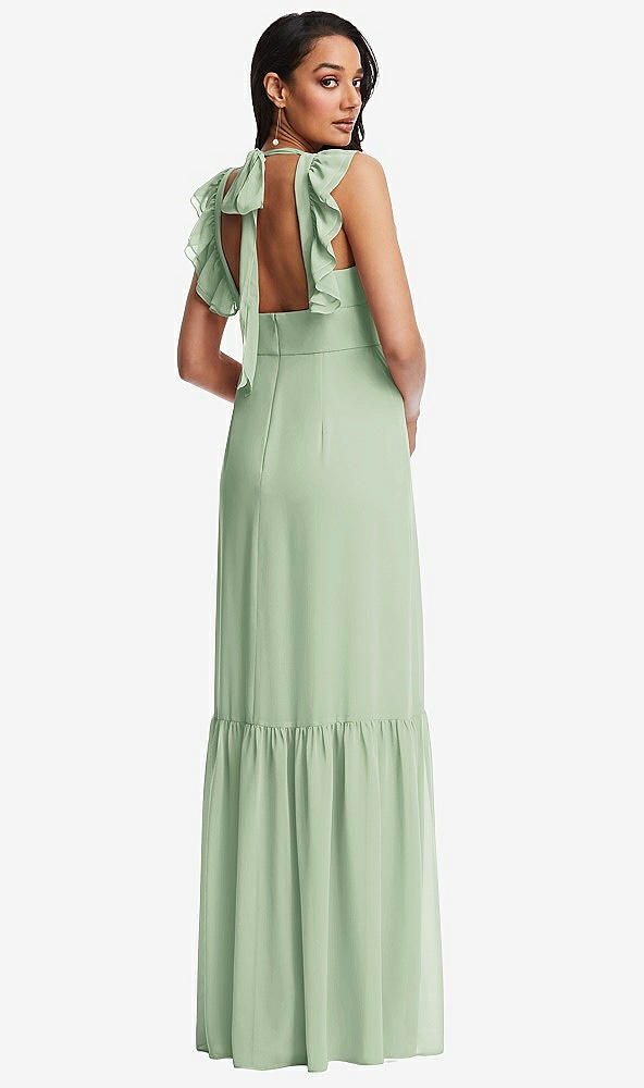 Back View - Celadon Tiered Ruffle Plunge Neck Open-Back Maxi Dress with Deep Ruffle Skirt