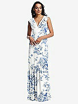 Front View Thumbnail - Cottage Rose Dusk Blue Tiered Ruffle Plunge Neck Open-Back Maxi Dress with Deep Ruffle Skirt