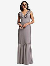Front View Thumbnail - Cashmere Gray Tiered Ruffle Plunge Neck Open-Back Maxi Dress with Deep Ruffle Skirt