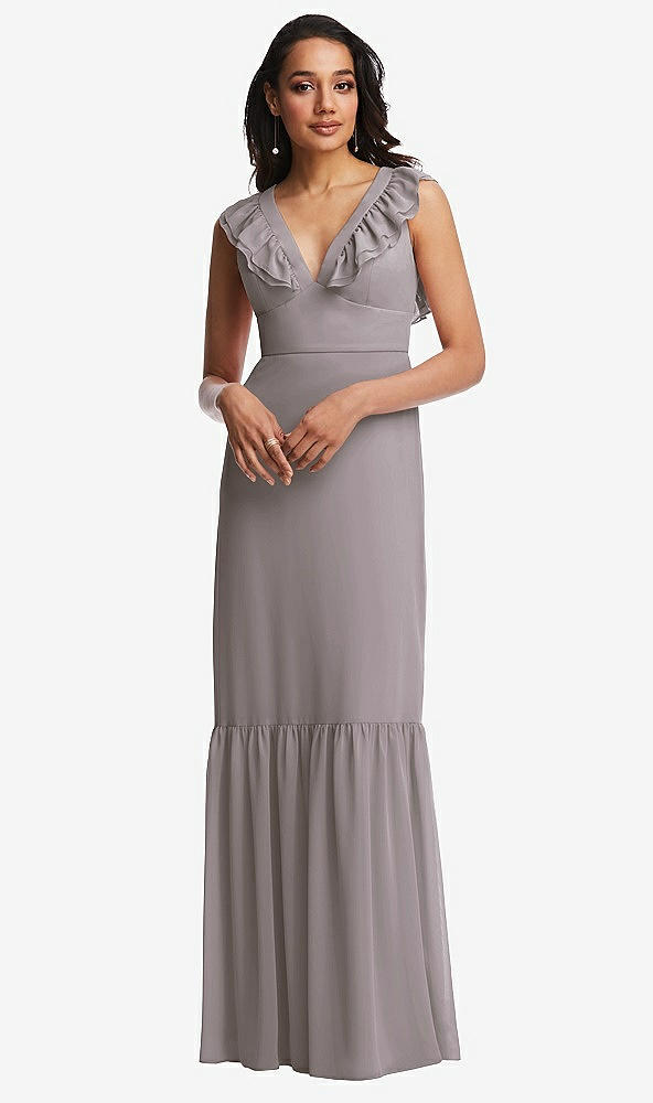Front View - Cashmere Gray Tiered Ruffle Plunge Neck Open-Back Maxi Dress with Deep Ruffle Skirt