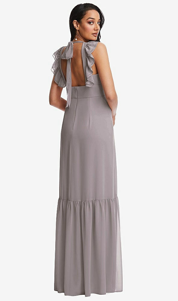 Back View - Cashmere Gray Tiered Ruffle Plunge Neck Open-Back Maxi Dress with Deep Ruffle Skirt