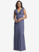 Front View Thumbnail - French Blue Tiered Ruffle Plunge Neck Open-Back Maxi Dress with Deep Ruffle Skirt