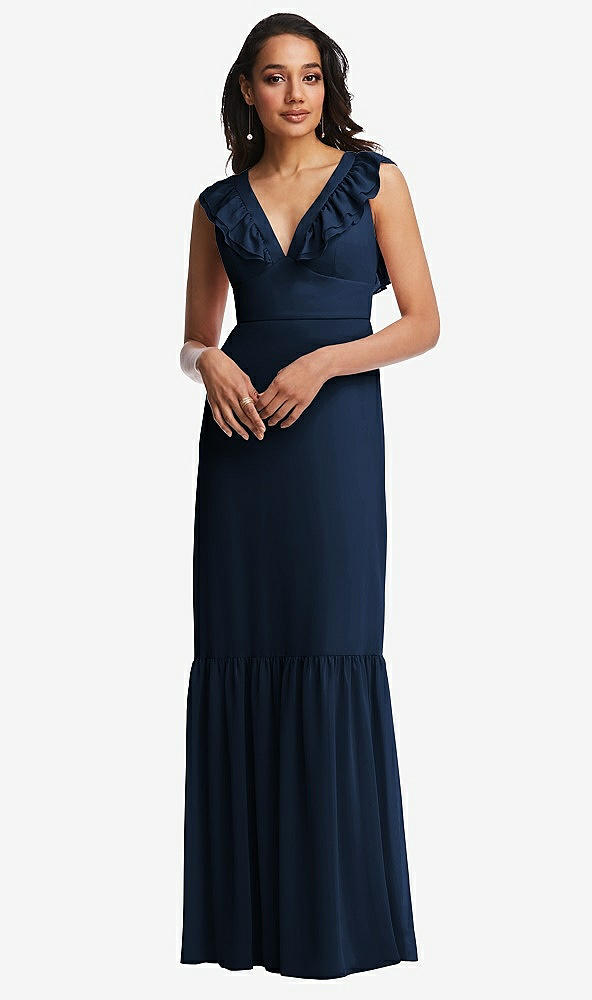 Front View - Midnight Navy Tiered Ruffle Plunge Neck Open-Back Maxi Dress with Deep Ruffle Skirt
