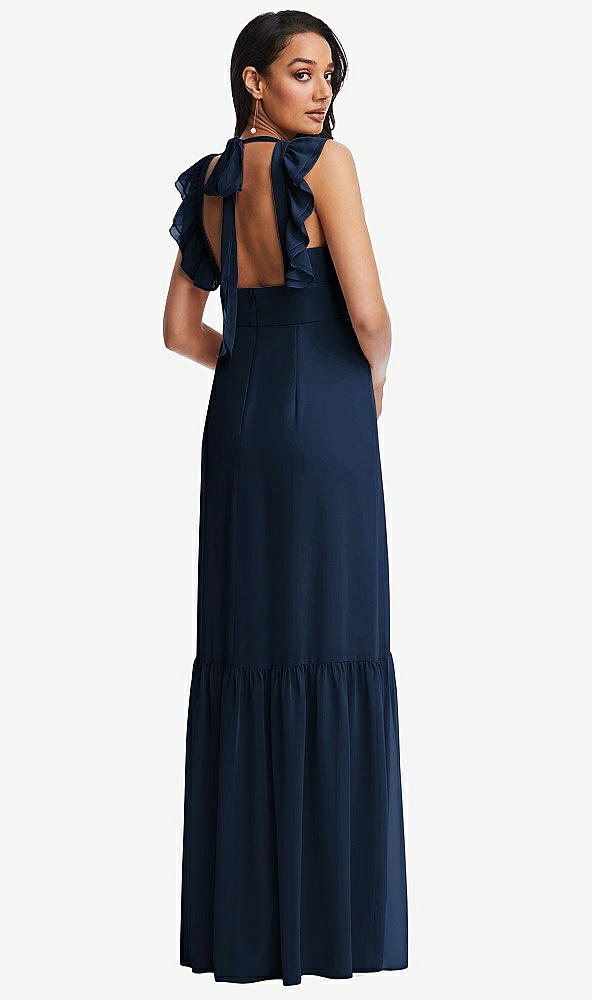 Back View - Midnight Navy Tiered Ruffle Plunge Neck Open-Back Maxi Dress with Deep Ruffle Skirt