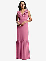 Front View Thumbnail - Orchid Pink Tiered Ruffle Plunge Neck Open-Back Maxi Dress with Deep Ruffle Skirt