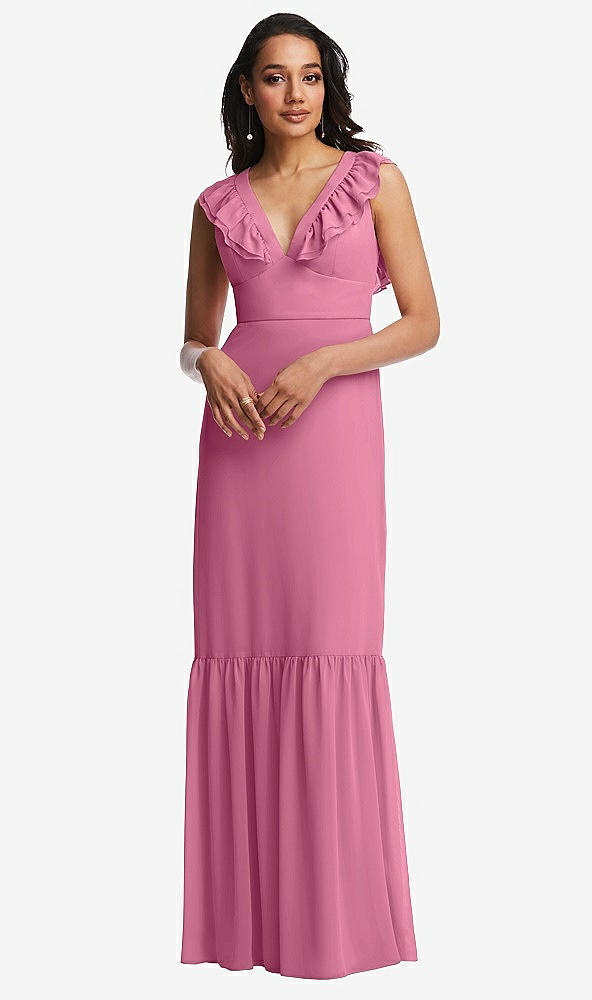 Front View - Orchid Pink Tiered Ruffle Plunge Neck Open-Back Maxi Dress with Deep Ruffle Skirt