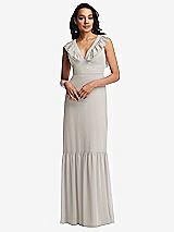 Front View Thumbnail - Oyster Tiered Ruffle Plunge Neck Open-Back Maxi Dress with Deep Ruffle Skirt