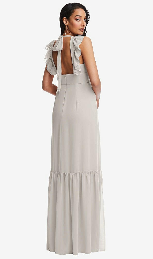 Back View - Oyster Tiered Ruffle Plunge Neck Open-Back Maxi Dress with Deep Ruffle Skirt