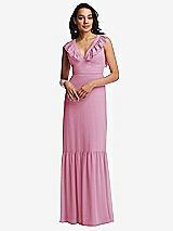 Front View Thumbnail - Powder Pink Tiered Ruffle Plunge Neck Open-Back Maxi Dress with Deep Ruffle Skirt