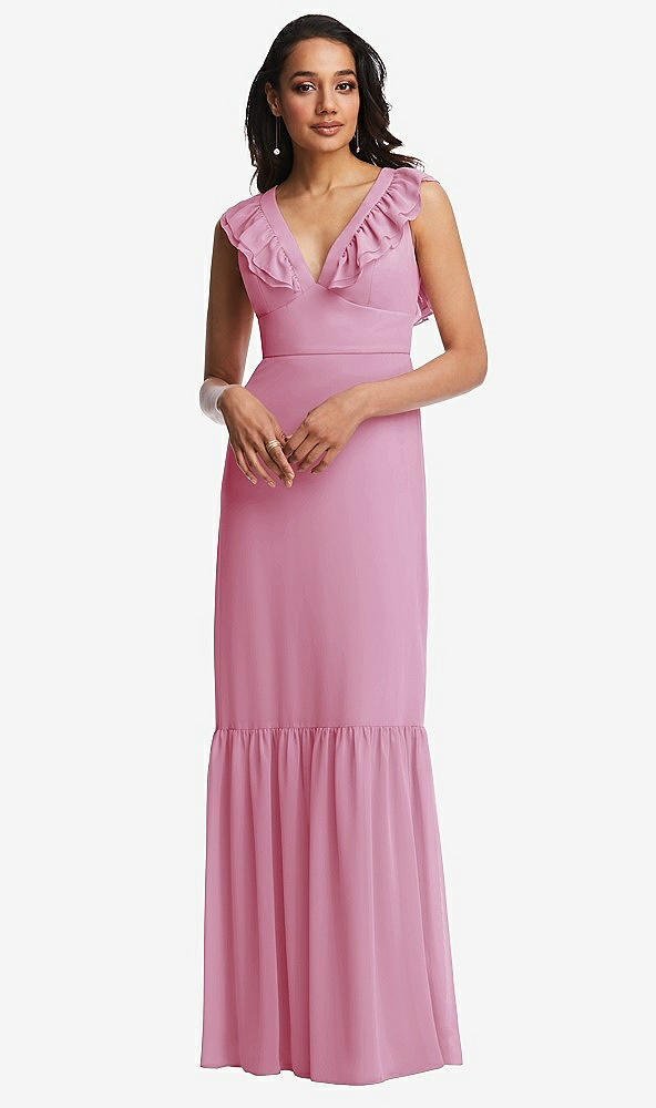 Front View - Powder Pink Tiered Ruffle Plunge Neck Open-Back Maxi Dress with Deep Ruffle Skirt