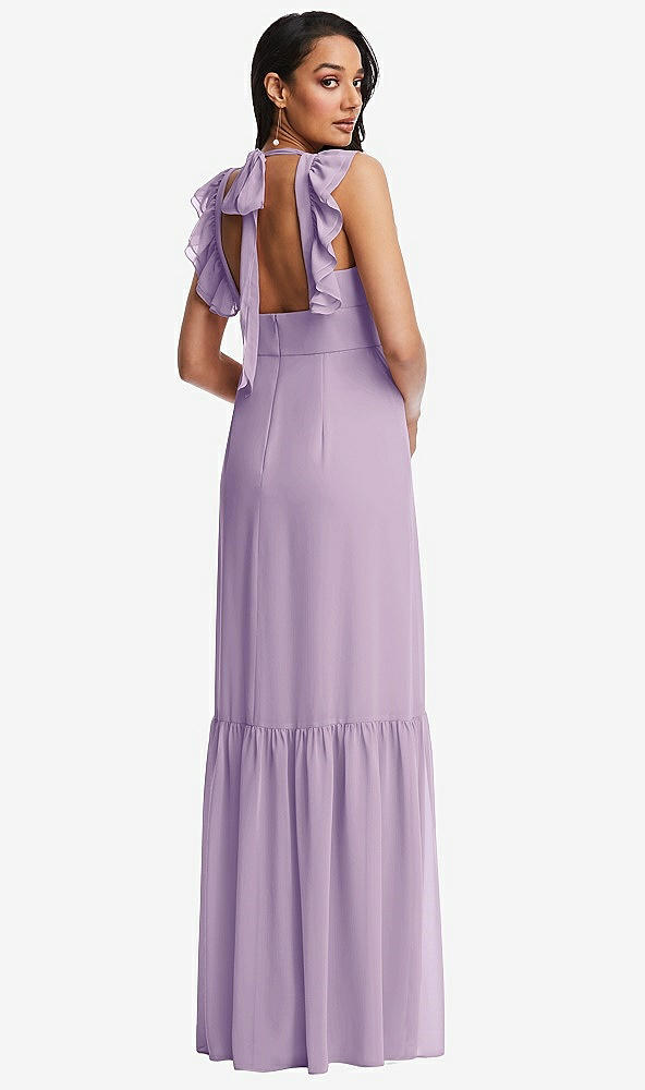 Back View - Pale Purple Tiered Ruffle Plunge Neck Open-Back Maxi Dress with Deep Ruffle Skirt