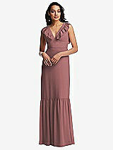 Front View Thumbnail - Rosewood Tiered Ruffle Plunge Neck Open-Back Maxi Dress with Deep Ruffle Skirt