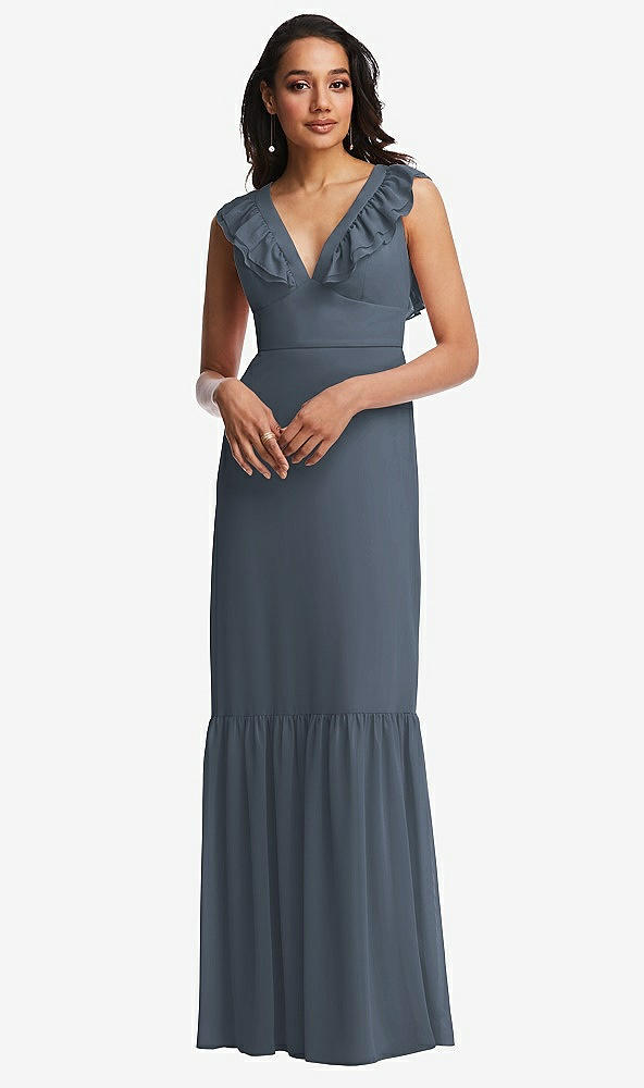 Front View - Silverstone Tiered Ruffle Plunge Neck Open-Back Maxi Dress with Deep Ruffle Skirt