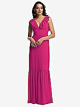 Front View Thumbnail - Think Pink Tiered Ruffle Plunge Neck Open-Back Maxi Dress with Deep Ruffle Skirt