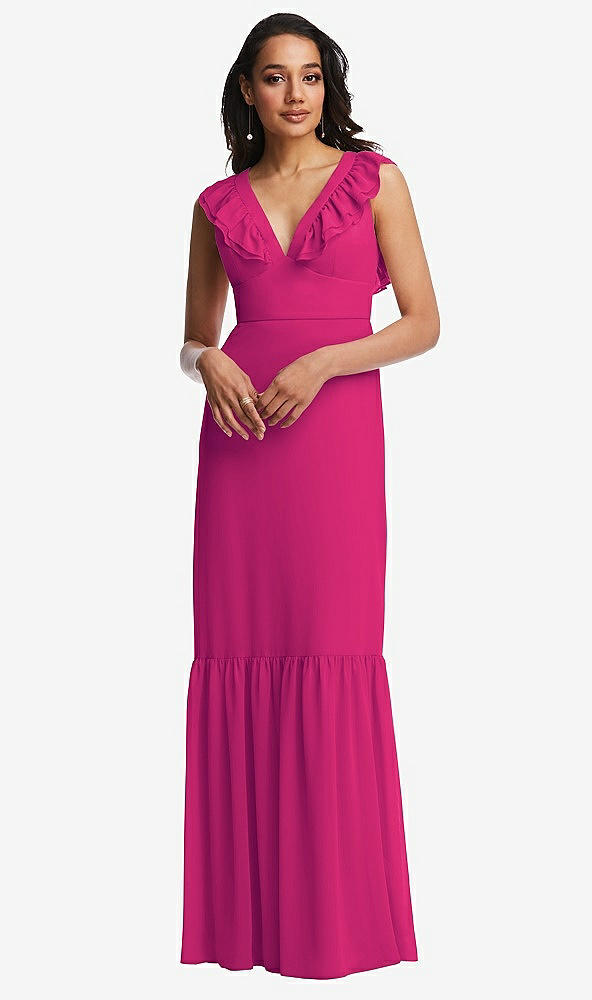 Front View - Think Pink Tiered Ruffle Plunge Neck Open-Back Maxi Dress with Deep Ruffle Skirt