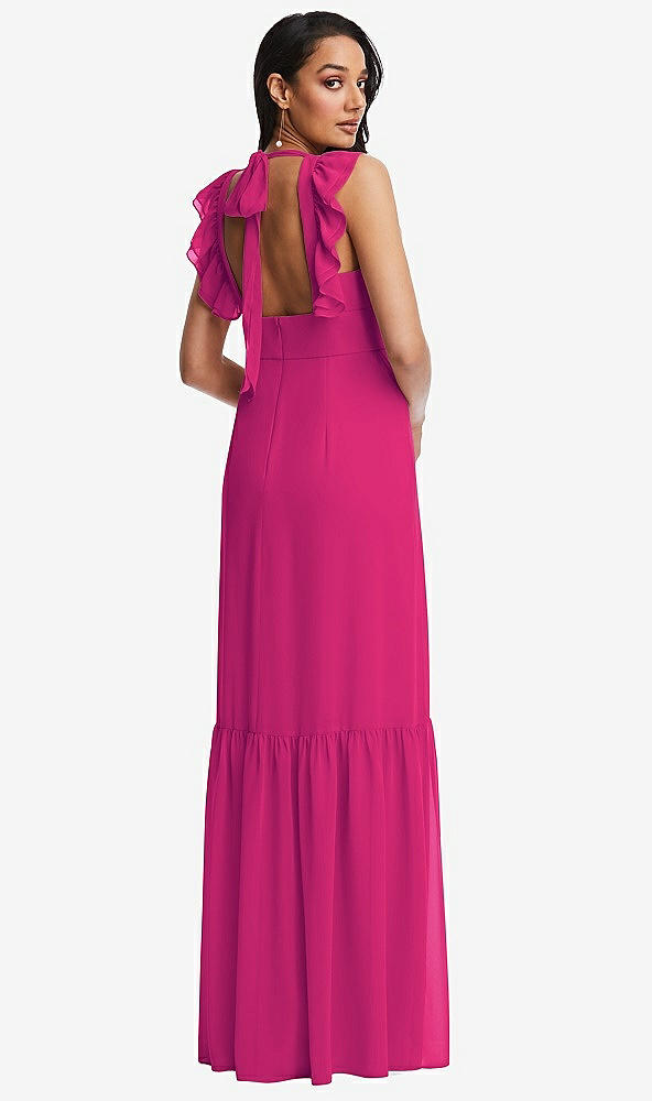 Back View - Think Pink Tiered Ruffle Plunge Neck Open-Back Maxi Dress with Deep Ruffle Skirt