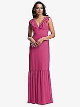 Front View Thumbnail - Tea Rose Tiered Ruffle Plunge Neck Open-Back Maxi Dress with Deep Ruffle Skirt
