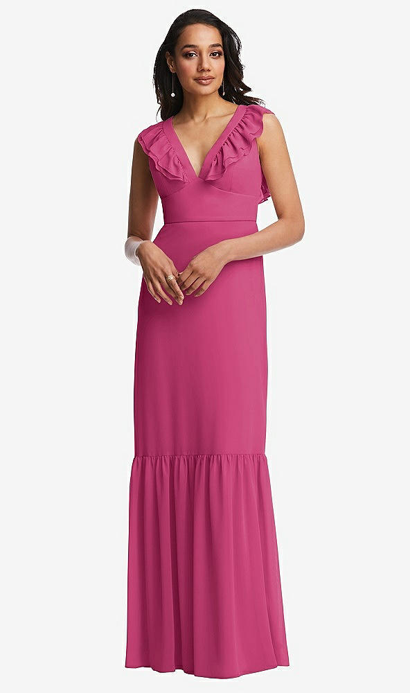 Front View - Tea Rose Tiered Ruffle Plunge Neck Open-Back Maxi Dress with Deep Ruffle Skirt