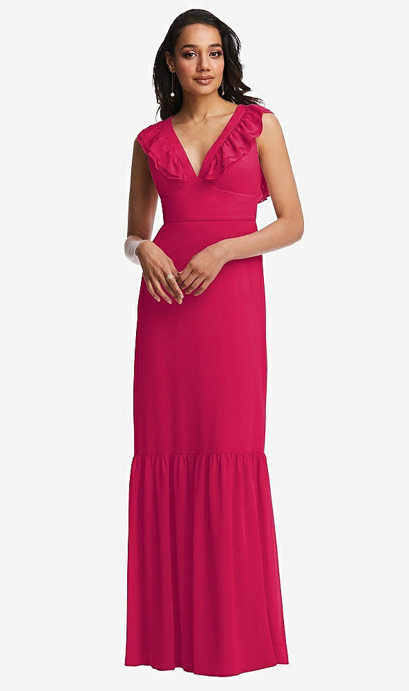 Front View - Vivid Pink Tiered Ruffle Plunge Neck Open-Back Maxi Dress with Deep Ruffle Skirt