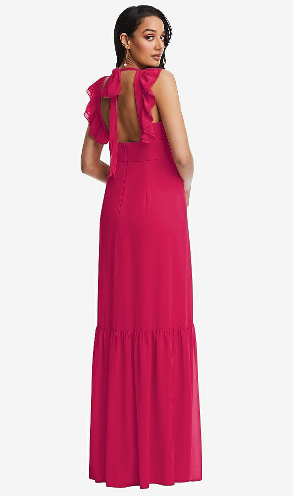 Back View - Vivid Pink Tiered Ruffle Plunge Neck Open-Back Maxi Dress with Deep Ruffle Skirt