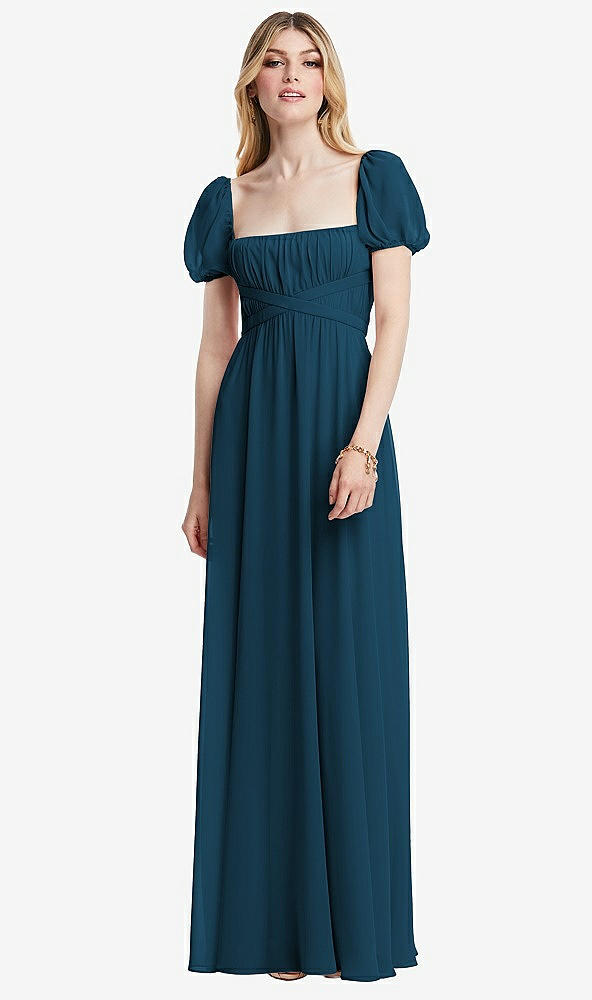 Front View - Atlantic Blue Regency Empire Waist Puff Sleeve Chiffon Maxi Dress