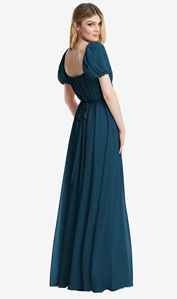 Back View - Atlantic Blue Regency Empire Waist Puff Sleeve Chiffon Maxi Dress