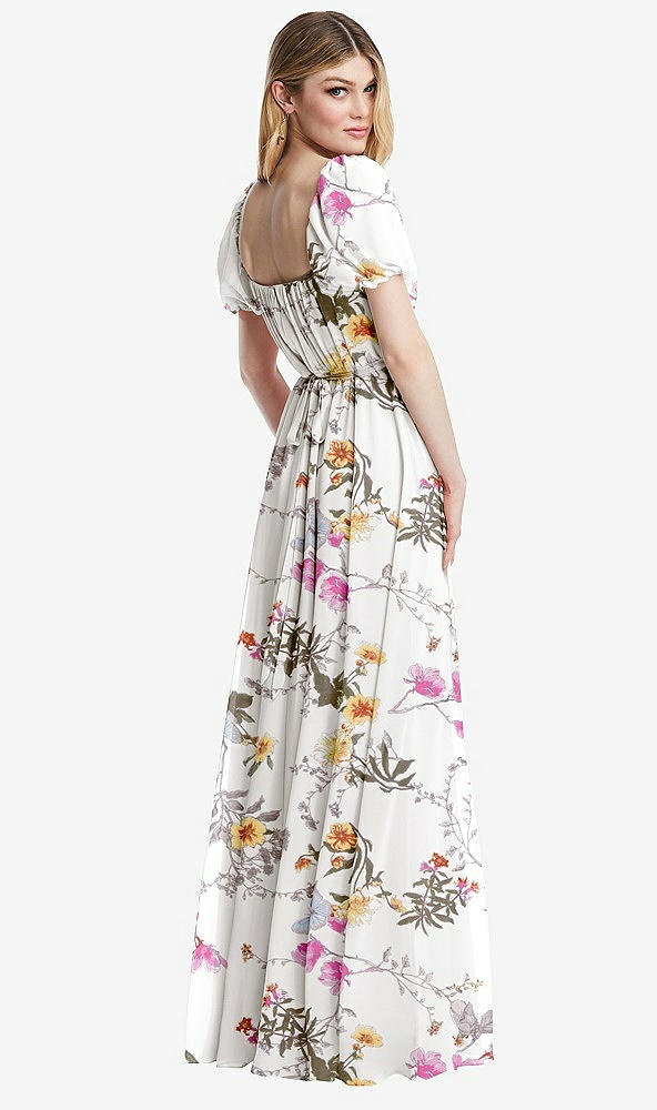 Back View - Butterfly Botanica Ivory Regency Empire Waist Puff Sleeve Chiffon Maxi Dress