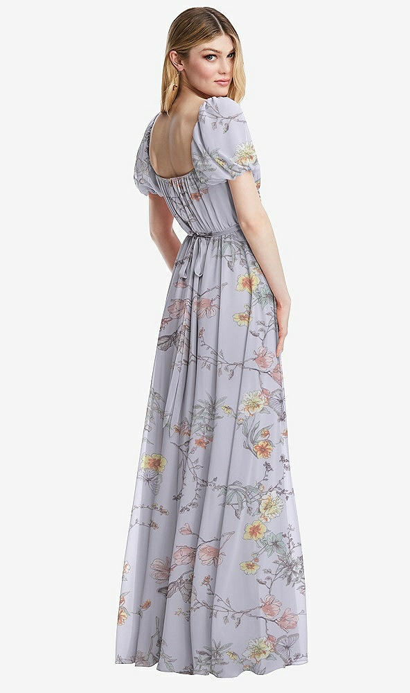 Back View - Butterfly Botanica Silver Dove Regency Empire Waist Puff Sleeve Chiffon Maxi Dress