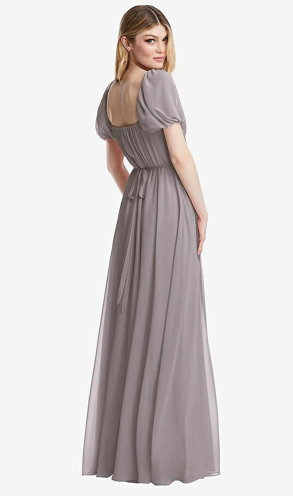 Back View - Cashmere Gray Regency Empire Waist Puff Sleeve Chiffon Maxi Dress