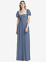 Front View Thumbnail - Larkspur Blue Regency Empire Waist Puff Sleeve Chiffon Maxi Dress