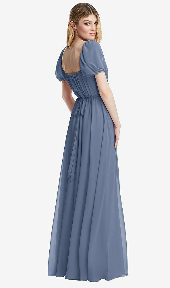 Back View - Larkspur Blue Regency Empire Waist Puff Sleeve Chiffon Maxi Dress