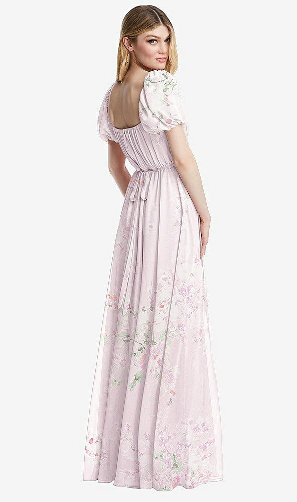 Back View - Watercolor Print Regency Empire Waist Puff Sleeve Chiffon Maxi Dress