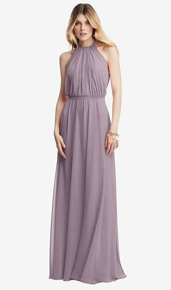 Front View - Lilac Dusk Illusion Back Halter Maxi Dress with Covered Button Detail
