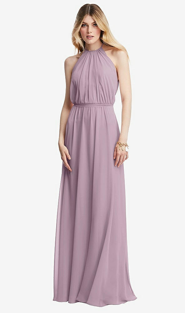 Front View - Suede Rose Illusion Back Halter Maxi Dress with Covered Button Detail
