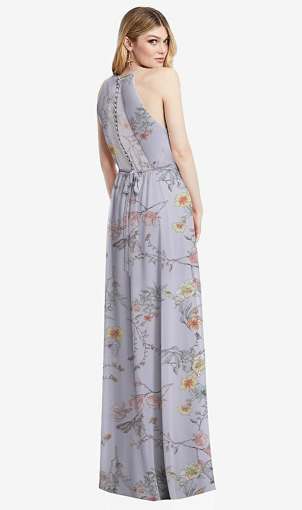Back View - Butterfly Botanica Silver Dove Illusion Back Halter Maxi Dress with Covered Button Detail