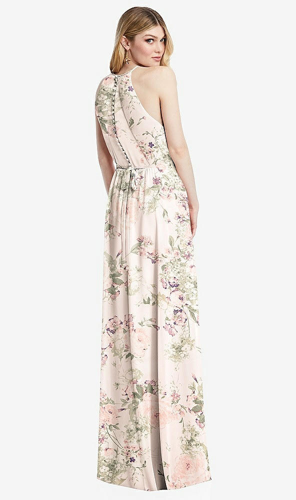 Back View - Blush Garden Illusion Back Halter Maxi Dress with Covered Button Detail