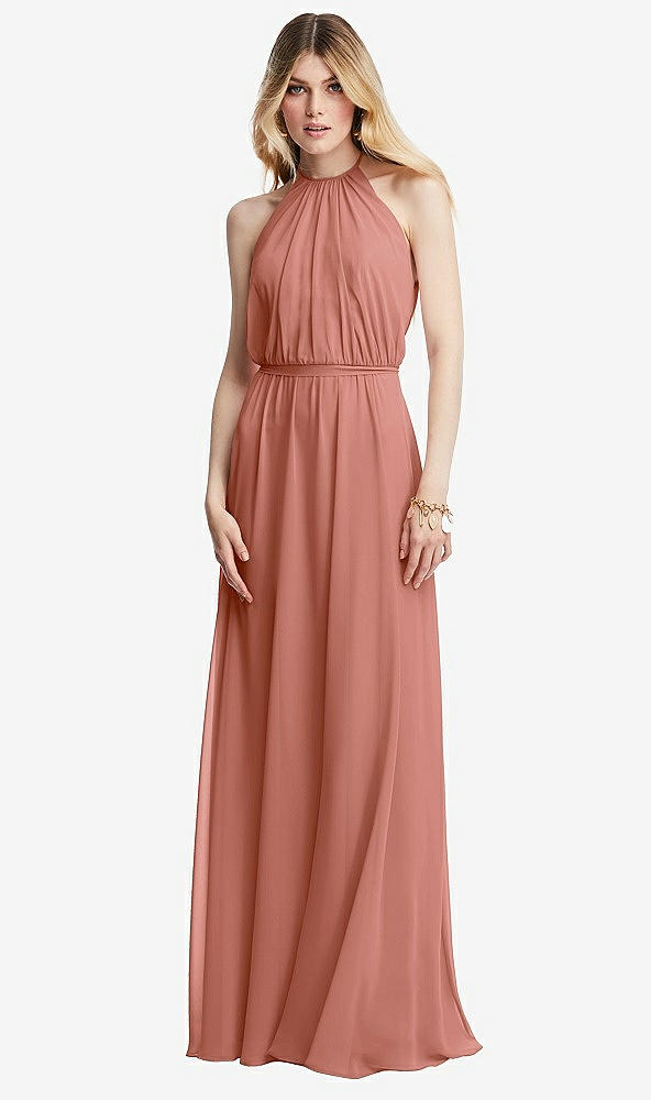 Front View - Desert Rose Illusion Back Halter Maxi Dress with Covered Button Detail