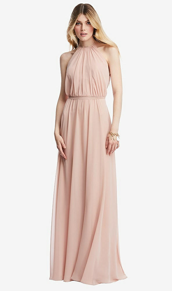 Front View - French Blue Illusion Back Halter Maxi Dress with Covered Button Detail