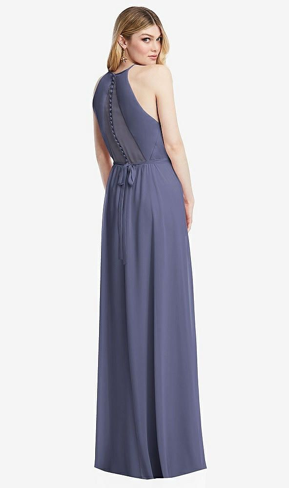 Back View - French Blue Illusion Back Halter Maxi Dress with Covered Button Detail