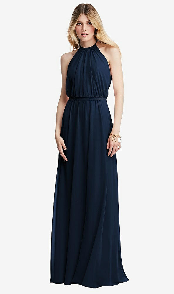 Front View - Midnight Navy Illusion Back Halter Maxi Dress with Covered Button Detail