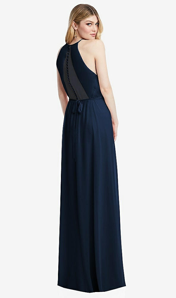 Back View - Midnight Navy Illusion Back Halter Maxi Dress with Covered Button Detail