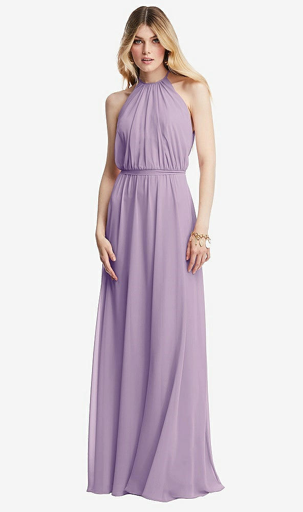 Front View - Pale Purple Illusion Back Halter Maxi Dress with Covered Button Detail