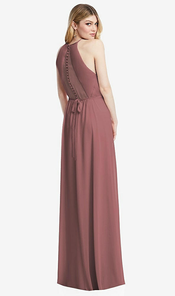 Back View - Rosewood Illusion Back Halter Maxi Dress with Covered Button Detail