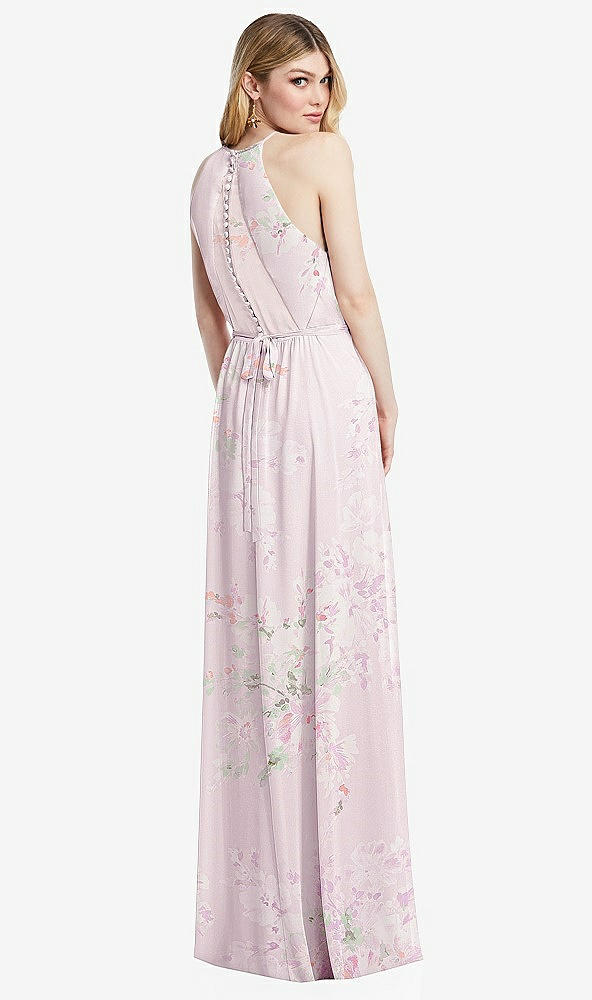 Back View - Watercolor Print Illusion Back Halter Maxi Dress with Covered Button Detail