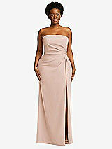 Front View Thumbnail - Cameo Strapless Pleated Faux Wrap Trumpet Gown with Front Slit