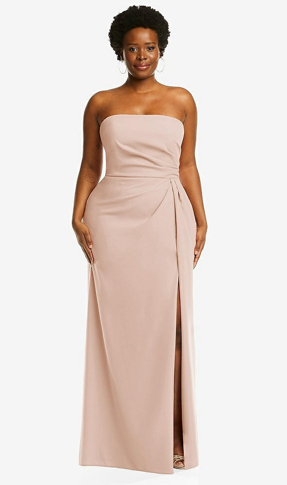 Front View - Cameo Strapless Pleated Faux Wrap Trumpet Gown with Front Slit