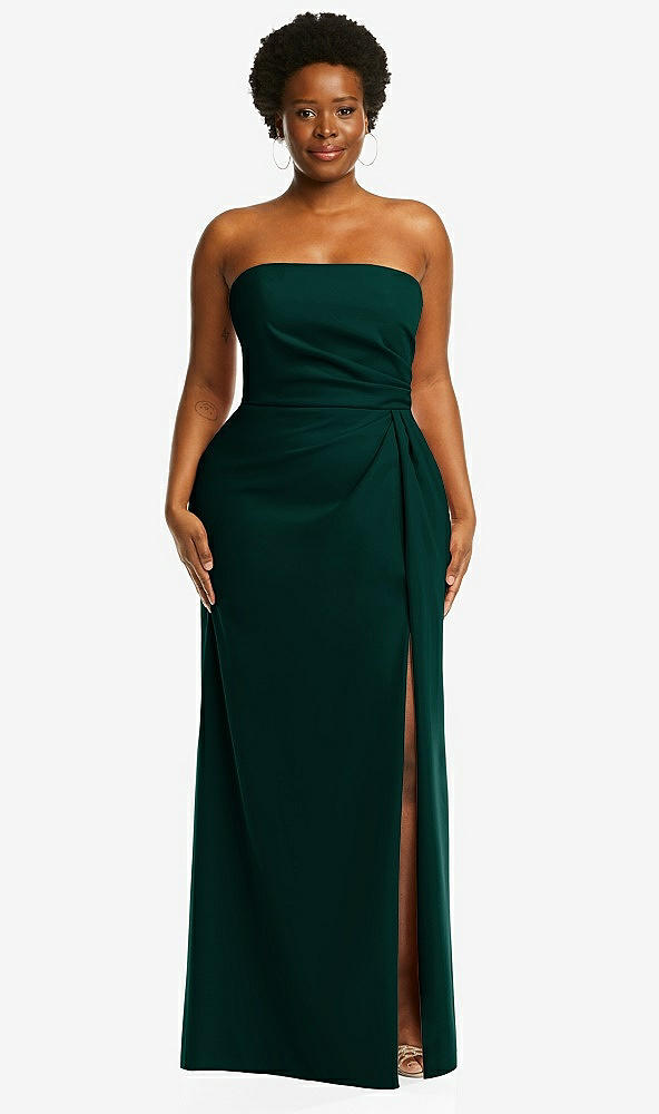 Front View - Evergreen Strapless Pleated Faux Wrap Trumpet Gown with Front Slit
