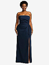 Front View Thumbnail - Midnight Navy Strapless Pleated Faux Wrap Trumpet Gown with Front Slit