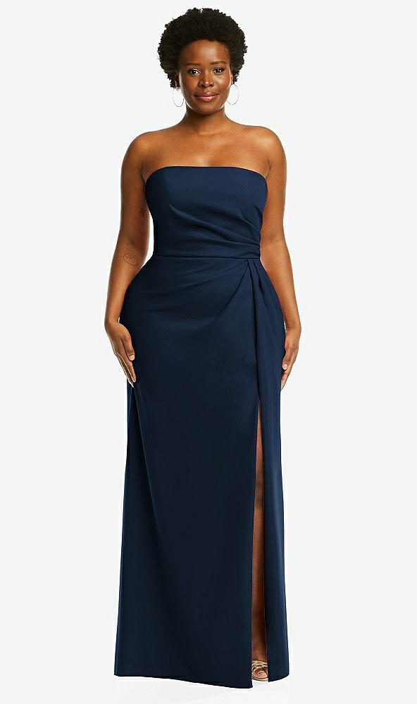 Front View - Midnight Navy Strapless Pleated Faux Wrap Trumpet Gown with Front Slit