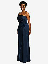 Side View Thumbnail - Midnight Navy Strapless Pleated Faux Wrap Trumpet Gown with Front Slit